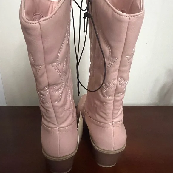 Cowgirl Boots pink faux leather Mid-Calf Stiching Western Low Stacked Heel - Picture 5 of 12
